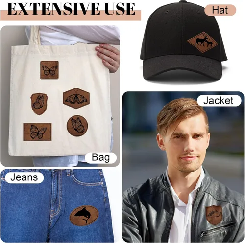 Miniatura 7 de Giegxin 120 Piezas Parches de Cuero Sintético Rústico para Sombreros con 8 Tipos de Formas de Grabado Láser en Blanco, Parche Adhesivo para Tela