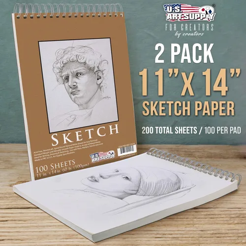 Miniatura 2 de U.S. Art Supply Cuaderno de bocetos encuadernado en espiral superior de 11 x 14 pulgadas, paquete de 2, 100 hojas cada una, 60 libras (100 gsm), sin