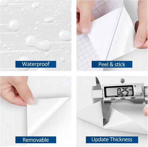 Miniatura 5 de FunStick Papel tapiz de rayas gruesas para despegar y pegar, papel tapiz blanco texturizado, papel de contacto blanco extraíble para gabinetes, tela