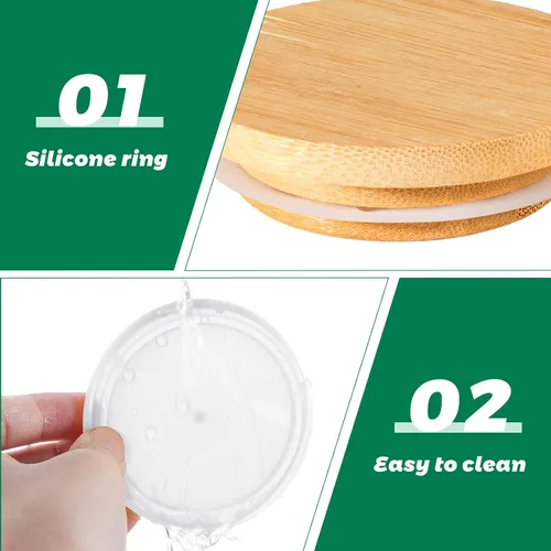 Miniatura 4 de Mumufy - 27 tapas para tarros de yogur Oui de silicona, madera de bambú, tapas de plástico transparente con anillos de sellado de silicona, fundas