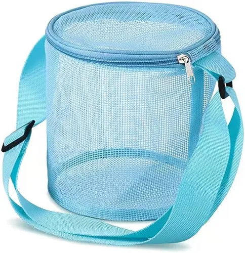 Bolsa de malla de playa Juguetes Seashell Bag Bolsas cilíndricas Natación Viajes Sandboxes con correas de transporte ajustables Cremallera