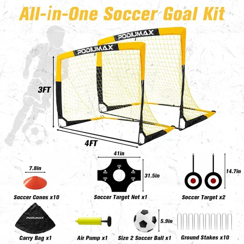 Miniatura 2 de PodiuMax Juego de porterías de fútbol para niños, conjunto de 2, de 4x3 pies. Porterías de fútbol emergentes, portátiles y para el patio trasero