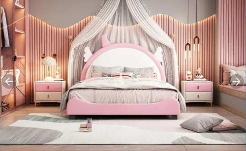 Miniatura 19 de Cama de plataforma tapizada de tamaño individual con cabecero en forma de oso y rayas de luz incrustadas, bonito marco de cama de plataforma