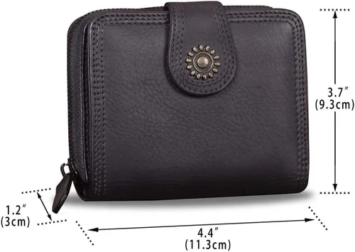 Miniatura 4 de Billeteras de cuero plegables para mujer, estilo vintage, hechas a mano, pequeño, con cremallera, Negro -, Billetera plegable