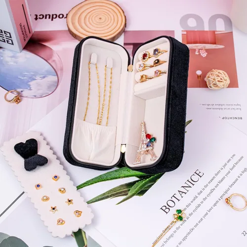 Miniatura 7 de SANQIANWAN Joyero de viaje de terciopelo de felpa para mujer, lujoso, esponjoso, portátil, pequeño, pequeño, joyero, para aretes, anillos, soporte