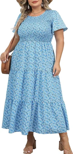 Vestido largo escalonado fruncido para mujer, talla grande, con bolsillos, elegante, manga corta, cuello redondo, floral, bohemio, vestido bohemio