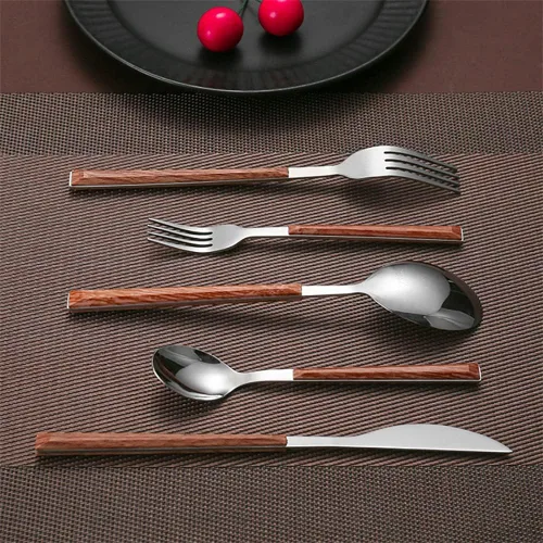 Miniatura 7 de Juego de cubiertos de madera de 30 piezas para 6 cubiertos de acero inoxidable duraderos, juego de cubiertos de madera modernos para el hogar