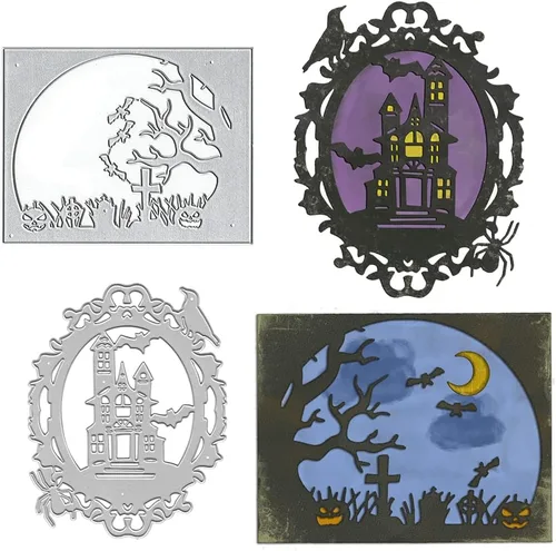Miniatura 6 de ALIBBON Troqueles de Halloween para hacer tarjetas y álbumes de recortes, troqueles de corte de castillo de Halloween, moldes de plantilla de metal