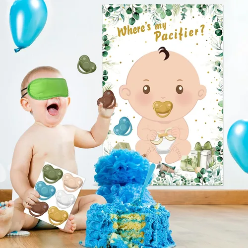 Miniatura 8 de Hxezoc Juegos de baby shower Pin The Chupete en el juego del bebé con 36 calcomanías para chupete, juegos de póster de bebé verde grande para fiesta