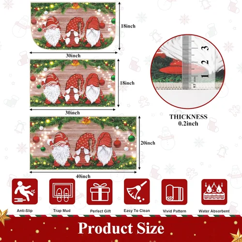 Miniatura 2 de Juego de 3 tapetes de cocina de Feliz Navidad, alfombras antideslizantes de cocina para invierno y fiestas navideñas Xmas, alfombra cómoda