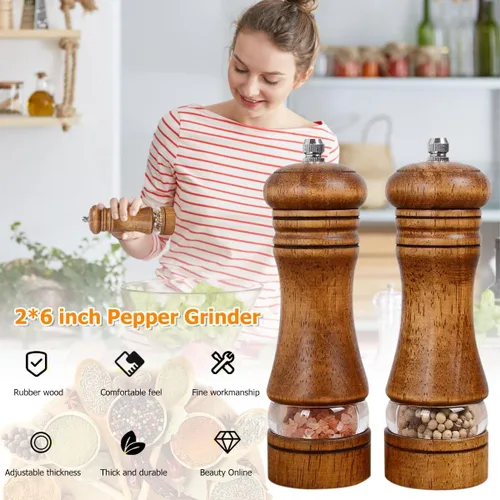 Miniatura 9 de Juego de 4 molinillo de sal y pimienta de madera de 7 pulgadas, molinillo de pimienta manual recargable con núcleos de molienda de cerámica, grosor