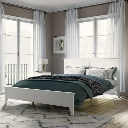 Miniatura 10 de anwickjeff Base de cama de tamaño matrimonial con cabecero y estribo, cama de plataforma de madera maciza blanca de estilo conciso moderno