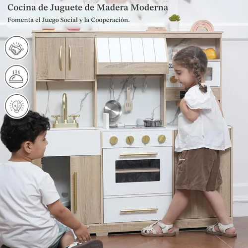Miniatura 2 de inFUNSAME - Juego de cocina para niños con luces y sonidos realistas, diseño moderno, juguete de cocina de madera mejorado con áreas de juego Madera