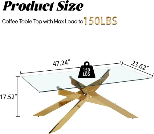 Miniatura 2 de Mesa de centro de cristal de 47 pulgadas, moderna tapa rectangular de vidrio templado con patas de metal con cruz dorada, mesa central de espacio