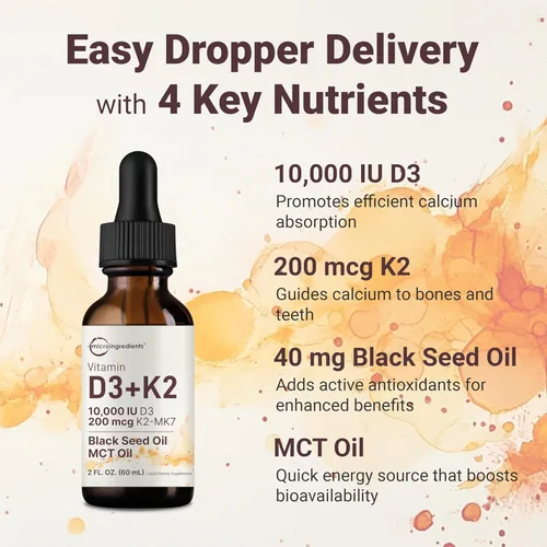 Miniatura 4 de Micro Ingredients Paquete de 2 gotas de vitamina D3 10000 iu + K2 (MK-7) de 200 mcg, 4 onzas líquidas Aceite de semilla negra y MCT Apoyo 4 en 1
