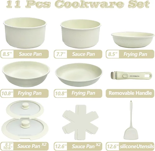 Miniatura 2 de Juego de 11 piezas de ollas y sartenes, juego de utensilios de cocina con asas extraíbles, apto para lavavajillas y horno, juego de cocina