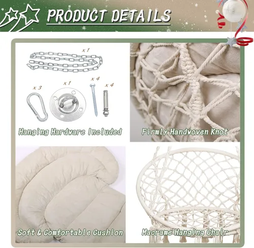 Miniatura 3 de Silla hamaca con cojín, silla columpio de macramé hecha a mano con kits de accesorios para colgar, estilo bohemio, silla colgante de cuerda de Beige