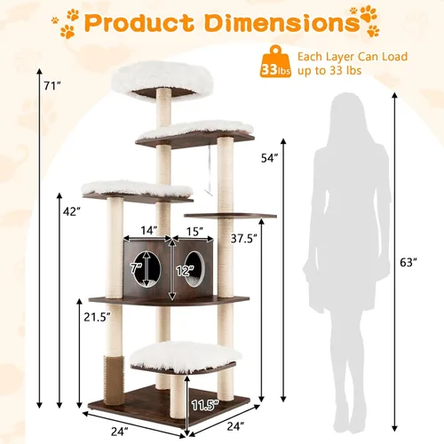 Miniatura 7 de PETSITE Árbol alto para gatos de interior, torre moderna de varios niveles para gatos de 71 pulgadas con perca de felpa, cómodo condominio