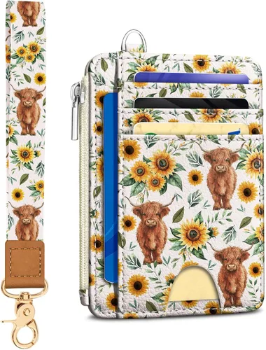 Miniatura 45 de Kelvoris Tarjetero pequeño para mujer, cartera delgada con bloqueo RFID, llavero con bolsillo para monedas con cremallera, bolsillo frontal