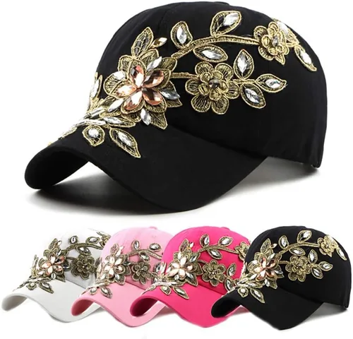 Miniatura 7 de Gudessly Bling - Gorra de béisbol para mujer, diseño de flores, con diamantes de imitación, ajustable, de mezclilla