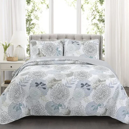 Miniatura 12 de Cozy Line Home Fashions Nina Trista Flowers - Juego de ropa de cama reversible 100% algodón con cinta azul aguamarina, estampado floral gris, colcha