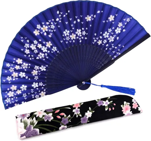 Miniatura 7 de Ventilador de mano plegable para mujer, estilo chino japonés vintage, de seda de bambú, 15 x 8.3 pulgadas, con borla y bolsa para fiesta, boda