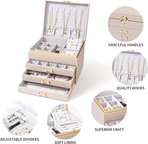 Miniatura 5 de V-LAFUYLIFE Jewelry Box Organizer for Women Girls, 4-Layer Large Jewelry boxes with 3 Drawers Jewelry Storage Case for Earrings Bracelets Necklaces