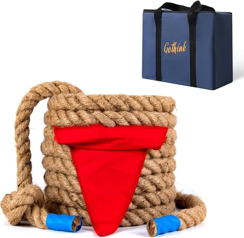Gothink Juego de juguetes de cuerda de tira y afloja de 33 pies para niños, cuerda de fibra de yute natural suave con bandera roja para el día de