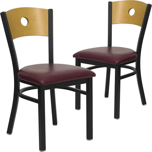 Miniatura 13 de Flash Furniture HERCULES Series Silla de restaurante de metal con respaldo circular negro, respaldo de madera natural, asiento de vinilo negro