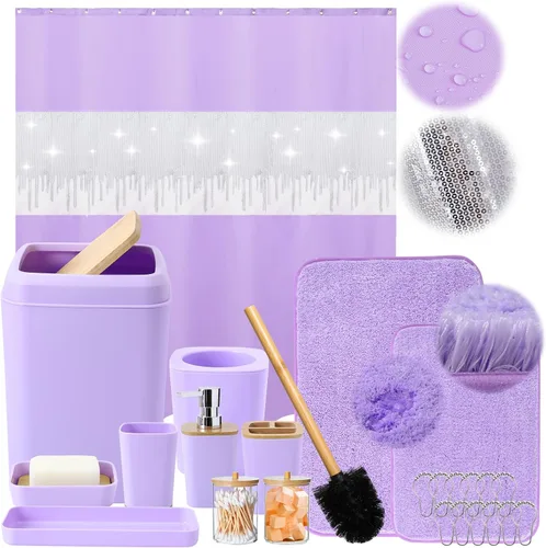 Miniatura 33 de Juego de accesorios de baño rosa con cortina de ducha y alfombras con purpurina, juegos de baño con alfombras de baño extrasuaves y absorbentes