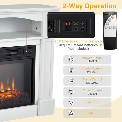 Miniatura 4 de COSTWAY Chimenea eléctrica de 32 pulgadas con repisa, calentador independiente ajustable de 1400 W con control remoto, diseño de termostato