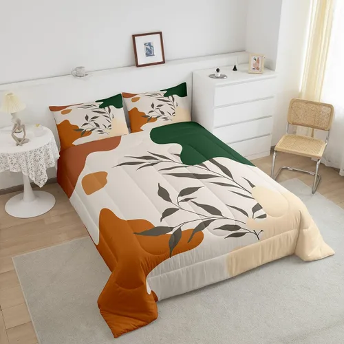 Miniatura 3 de Juego de edredón de hojas, tamaño King, color naranja y verde, juego de ropa de cama para niños y niñas, retro, exótico, arte moderno, abstracto