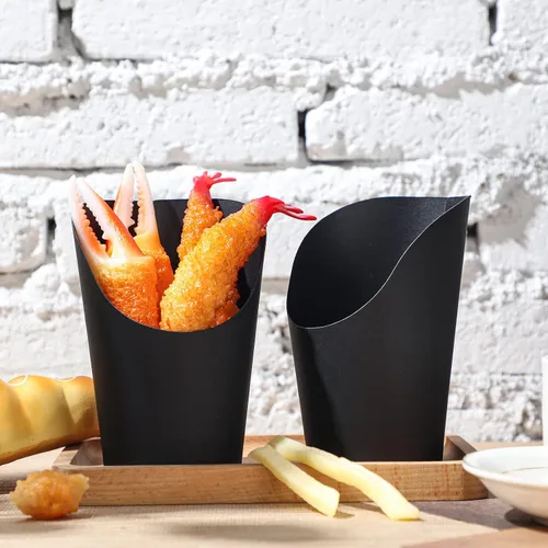 Miniatura 7 de Sieral 100 tazas de embutidos negros de 14 onzas desechables para papas fritas con soporte para papas fritas de papel, conos de charcutería, gofres
