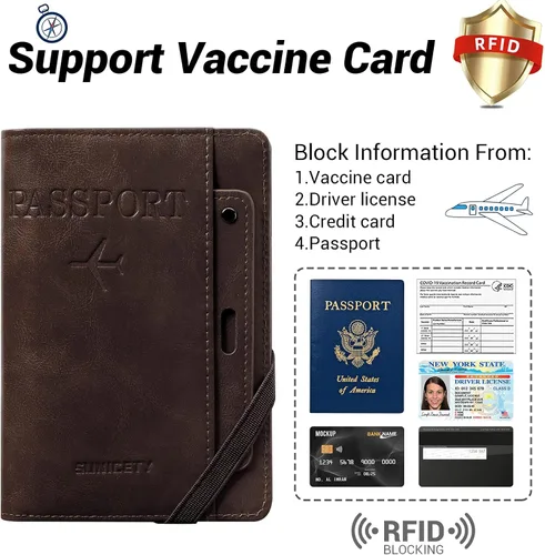 Miniatura 4 de YINHEXI Funda para pasaporte y funda para tarjeta de vacunación, funda para pasaporte con bloqueo RFID de cuero para mujeres y hombres, organizador