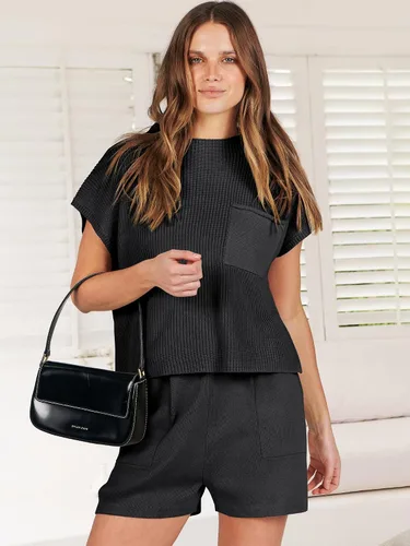 Miniatura 3 de ANRABESS Conjunto de dos piezas para mujer, suéter corto, suéter y pantalones cortos, conjunto de ropa de descanso