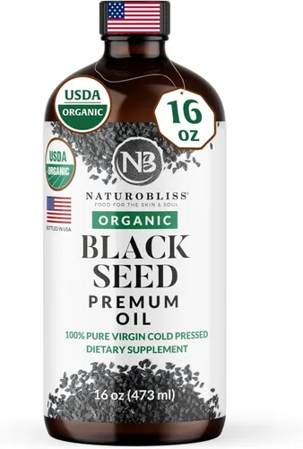 NaturoBliss Aceite orgánico de semillas negras 100 virgen prensado en frío en botella de vidrio Omega 3 6 9 súper antioxidante apoyo inmunológico