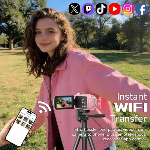 Miniatura 4 de Videocámara, Grabadora de Video Digital 4K 56MP 18X Zoom 3" Pantalla Táctil con Rotación de 270° Visión Nocturna IR, Cámara para Vlogs WiFi para Rosa