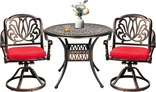 TITIMO Juego de 3 piezas de bistró para exteriores, juego de conversación de aluminio fundido con 2 sillas giratorias de patio y 1 mesa redonda para