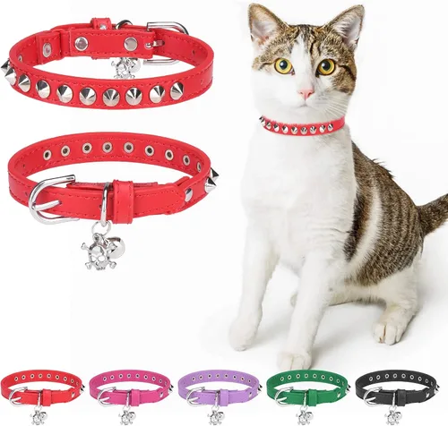 Miniatura 18 de Collares de cuero DILLYBUD para gatos macho y hembra con campana y cinturón elástico de seguridad, collar ajustable con hebilla de seguridad