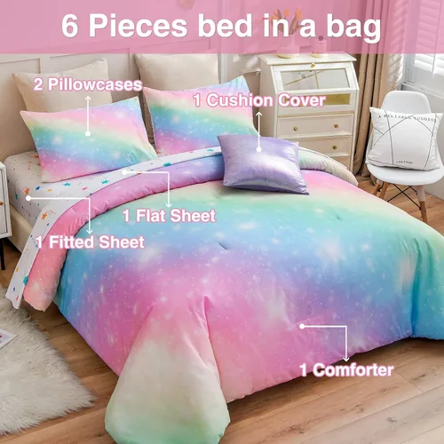 Miniatura 4 de A Nice Night Juego de ropa de cama de 6 piezas con purpurina degradada para niñas, juego de edredón colorido de galaxia arco iris, juegos de ropa