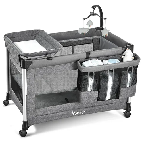 Moisés para bebé 4 en 1 con colchón, configuración de un solo empuje, cuna de noche con cambiador de pañales de recién nacido a niño pequeño (gris)