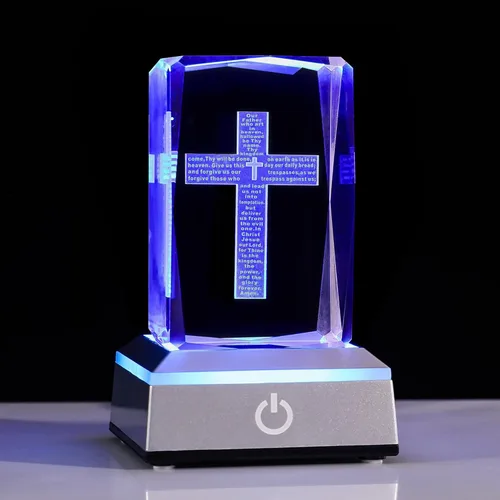 BAHUJIDA Crucifijo de cristal grabado con láser 3D, versículo bíblico oración con base de luz colorida, lámparas de escritorio del Señor, decoración