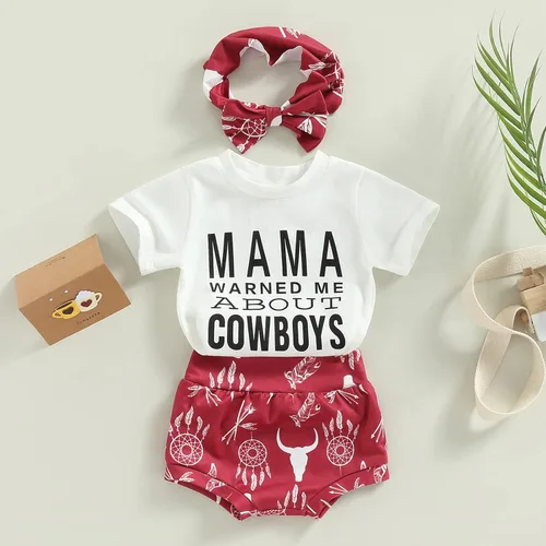 Miniatura 2 de Mandizy Ropa para bebé recién nacida, ropa de verano con estampado de vaquera occidental, camiseta de manga corta, pantalones cortos con diadema, 3