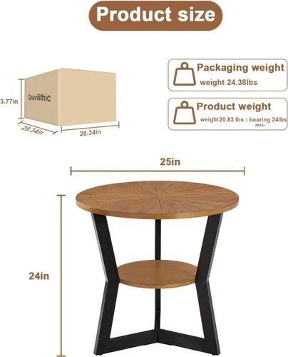 Miniatura 2 de Mesa auxiliar, mesa auxiliar redonda de madera para sala de estar con mesa de 2 niveles con estante de almacenamiento, diseño de soporte triangular