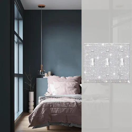 Miniatura 4 de Cubierta de placa de pared con diamantes de imitación plateados brillantes, cubierta de interruptor de luz, cubierta decorativa de 3 bandas, 1 pieza