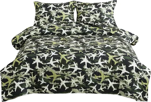 Miniatura 28 de Juego de colcha Yibeizi para avión para niños, tamaño individual, ropa de cama estampada en camuflaje verde para niños con funda de almohada, juego