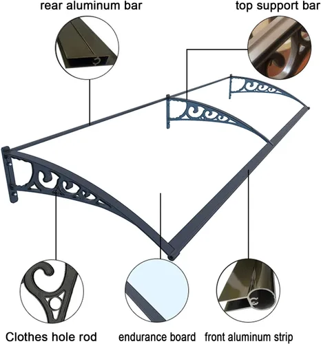 Miniatura 8 de Toldo para ventana de patio, puerta delantera al aire libre, patio, toldo para puerta de techo, toldo arqueado de policarbonato con soportes, varios