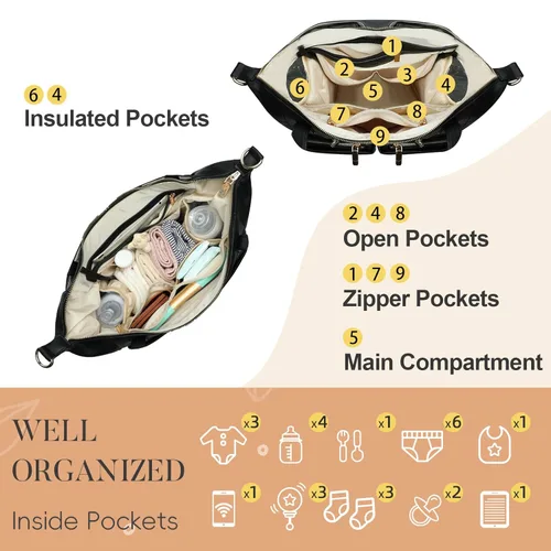 Miniatura 4 de Miss Fong Bolso de cuero para pañales con almohadilla para cambiar, correas, talla única , Negro