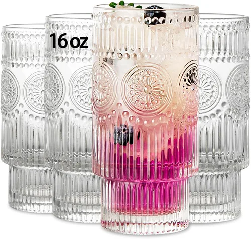 SoulTimes Juego de 4 vasos grandes acanalados de 16 onzas, diseño floral, apilables, vasos de vidrio con textura vintage, juego de vasos para beber