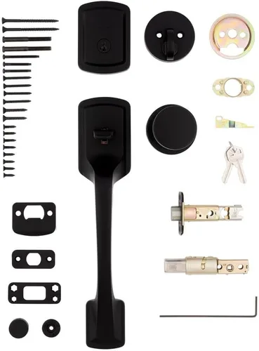 Miniatura 11 de Juego de Manija de Puerta Delantera y Cerrojo de Seguridad Kwikset Praga, Juego de Manija de Entrada Exterior con Perilla Interior de Puerta, Negro
